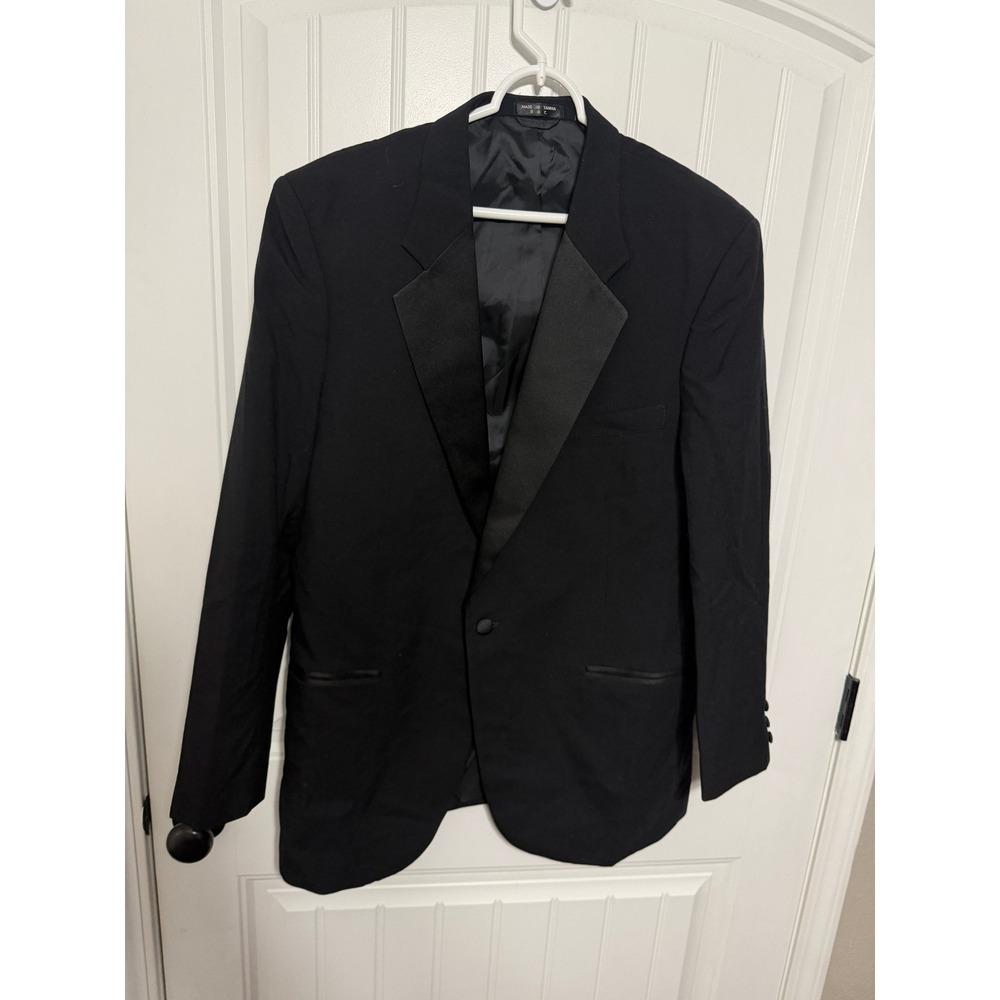 Wool Tuxedo Jacket Mens 46L Black Peak Lapel Satin Trim Single Button EUC